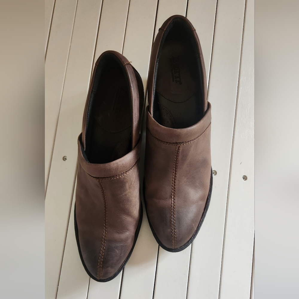 Børn Brown Leather Slip-On Clog Mules Low Block Heel Shoes W21992 Size 9.5 / 41